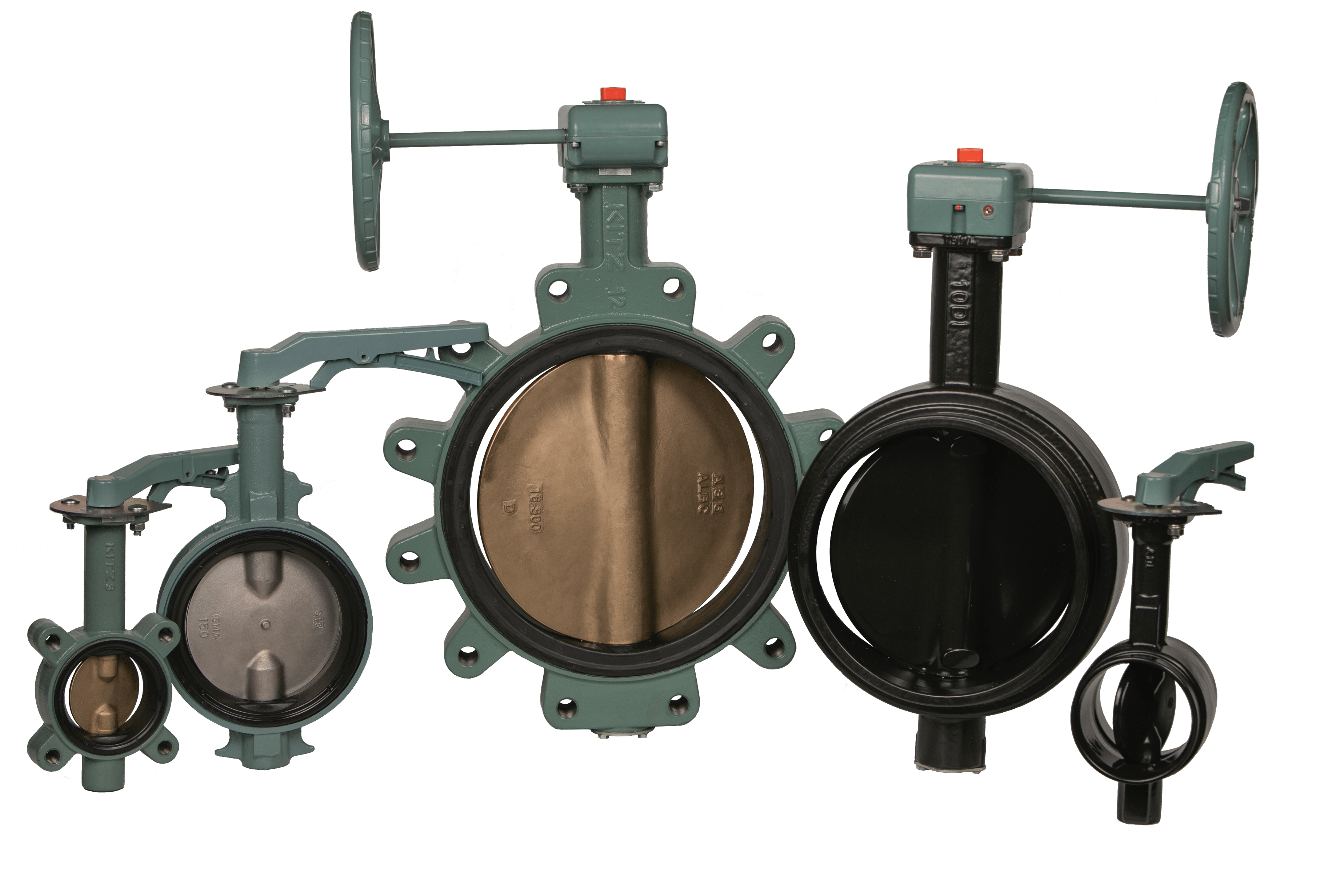 Group of industrial butterfly valves with various colored lever handles